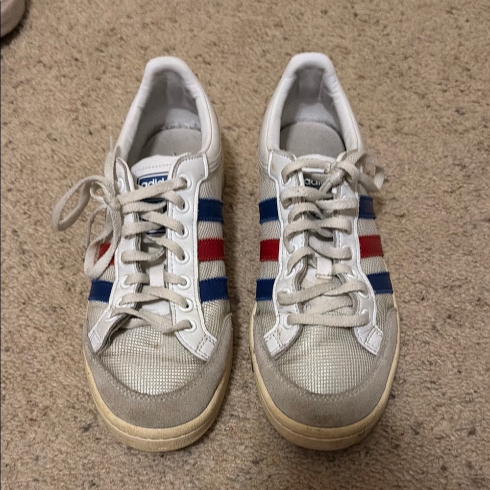 Adidas Classic White Sneakers with Red and Blue Accents